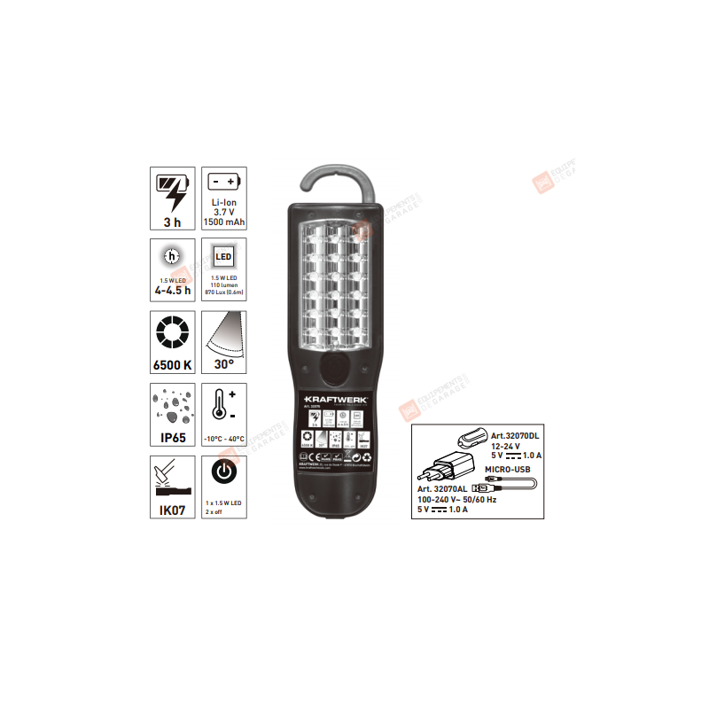 Lampe Torche COB-LED Rechargeable Kraftwerk - 2W + 3 LEDs - Batterie Li-Ion - Autonomie 2-15h - Neuf